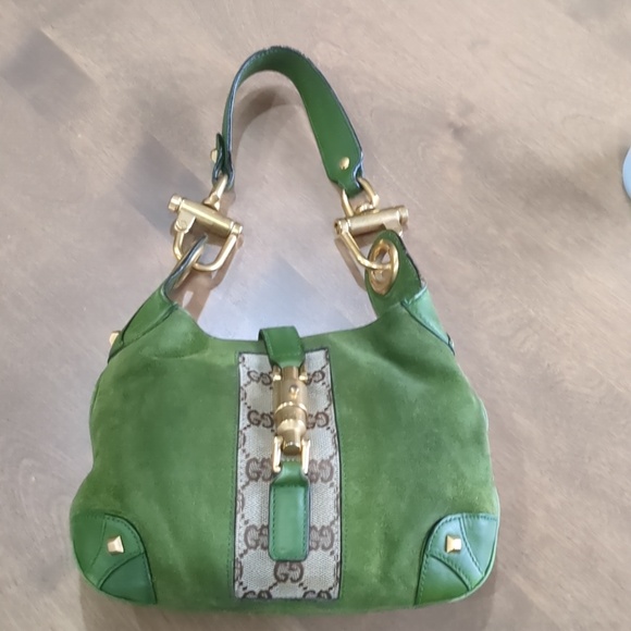 Gucci Olive Suede Shoulder Bag with GG Detail and Gold Hardware VINTAGE JACKIE - Picture 5 of 16